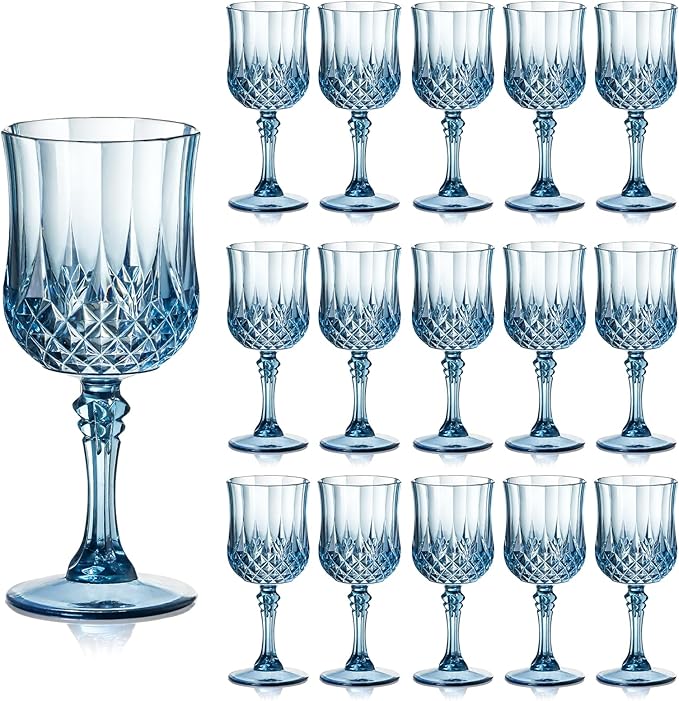 XUWAIDSGN Plastic Vintage Wine Glasses Drinking Glasses Unbreakable Wedding Glassware Crystal Water Goblets Reusable Drinkware Vintage Champagne Flutes (16, Blue)