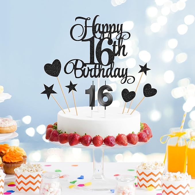 16th Birthday Cake Decorations, 16th Birthday Candles Cake Numeral Candles and Glitter Happy 16th Birthday Cake Toppers Set for Birthday Party Supplies (Black)
