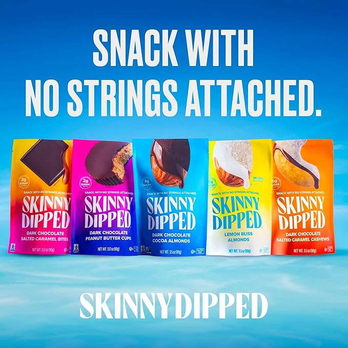 SkinnyDipped Dark Chocolate Peanut Butter Almonds, Healthy Snack, Plant Protein, Gluten Free, 0.46 oz Mini Bags, Pack of 24