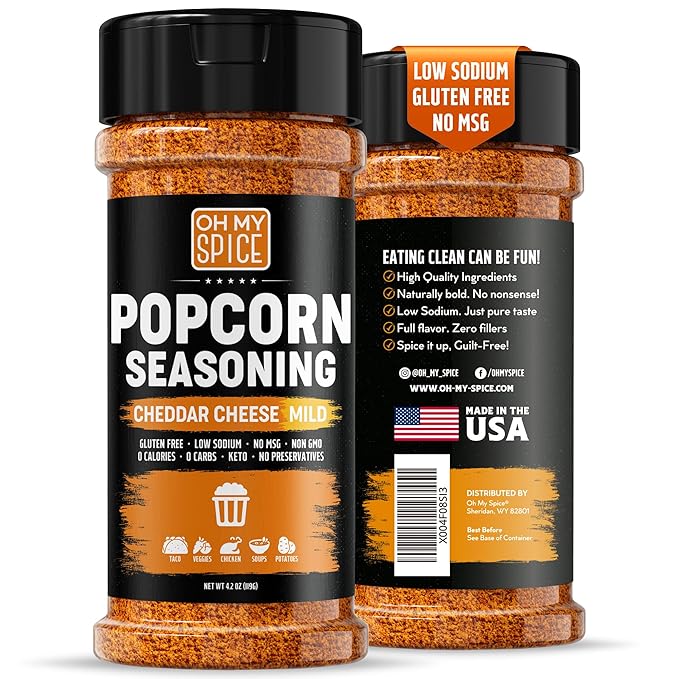 Popcorn Seasoning Cheddar Cheese Powder Mix - Gluten Free & Low Sodium Mild Nacho Cheese Powder Flavor Popcorn Flavoring Seasoning. Movie Theater Pop Corn Topping. Spicy Pop Corn Salt Seasonings 4.2oz