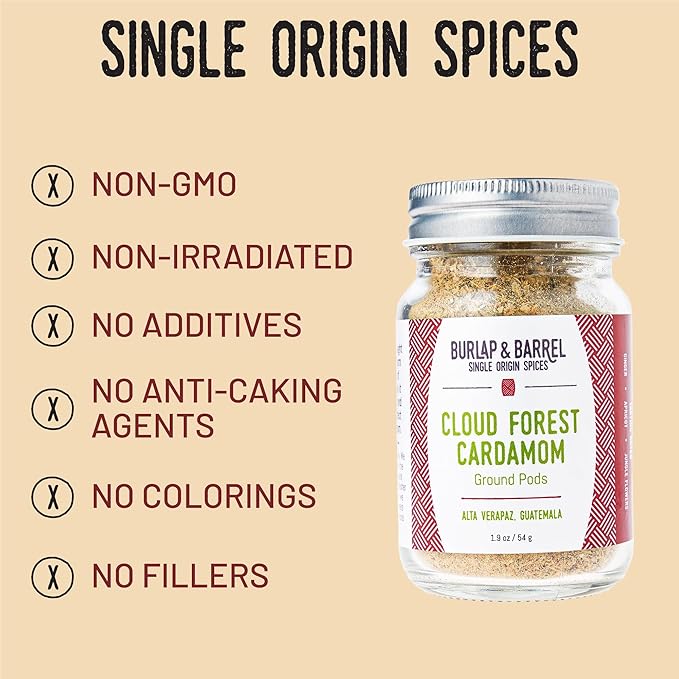 Burlap & Barrel Cloud Forest Cardamom – Sweet & Tart Cardamom Pods with Notes of Summer Fruits & Fresh Herbs – Spice & Powder – As Seen On Shark Tank -1.9oz Glass Jar