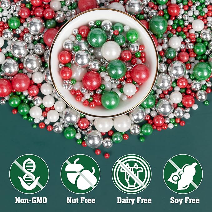 Twisweet Christmas Sprinkles, Edible Pearls for Cake Decorating, Red Green Silver Sugar Sprinkles for Baking, Mix Size Candy Pearls, Cake Topper Ice Cream Cupcake Cookie Toppings Dessert Decorations, Holiday Christmas Party Supplies (130g/4.58oz)