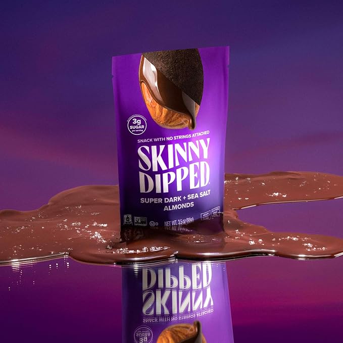 SkinnyDipped Super Dark Chocolate + Sea Salt Almonds, Vegan, Healthy Snack, Plant Protein, Gluten Free, 3.5 oz Resealable Bags, Pack of 5