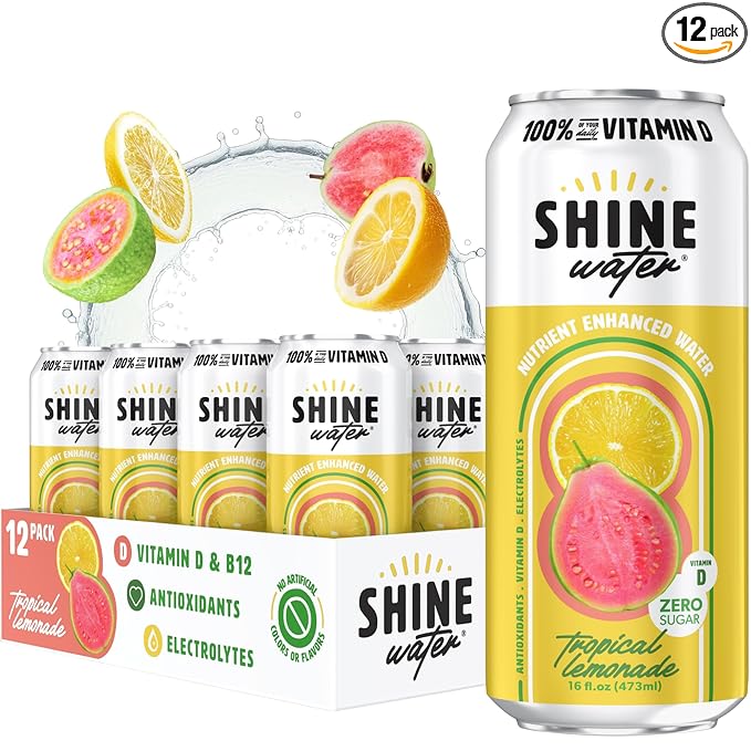 ShineWater Vitamin D Hydration Electrolyte Drink - Flavored water with electrolytes, Sugar-Free, Magnesium, Zinc, Vitamin B12, Plant-Based, Low Calorie - Tropical Lemonade Fruit Water 12 Pack