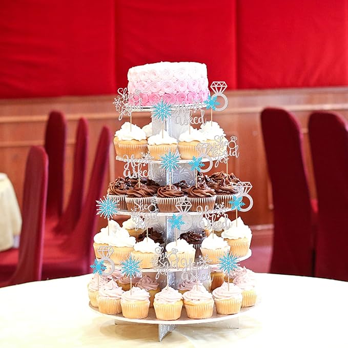24 PCS He Asked She Said Yes Cupcake Toppers Glitter Diamond Ring Snowflake Cupcake Picks Bridal Shower Cake Decorations for Winter Wonderland Wedding Engagement Party Cake Decorations Supplies