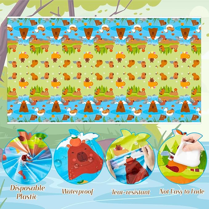 Capybara Party Tablecloths - 3Pcs Capybara Birthday Party Table Cover Decorations, Cute Animals Themed Rectangular Plastic Disposable Table Cloth for Kids Birthday Baby Shower Animals Theme Events