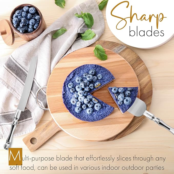 Cake Knife and Server Set, Cake Cutter and Pie Spatula, Cake Server and Knife Set with Acrylic Crystal Handles, Cake Cutting Set for Wedding Cake ??1.2mm Thick Blades, Birthdays, and Parties (Silver)
