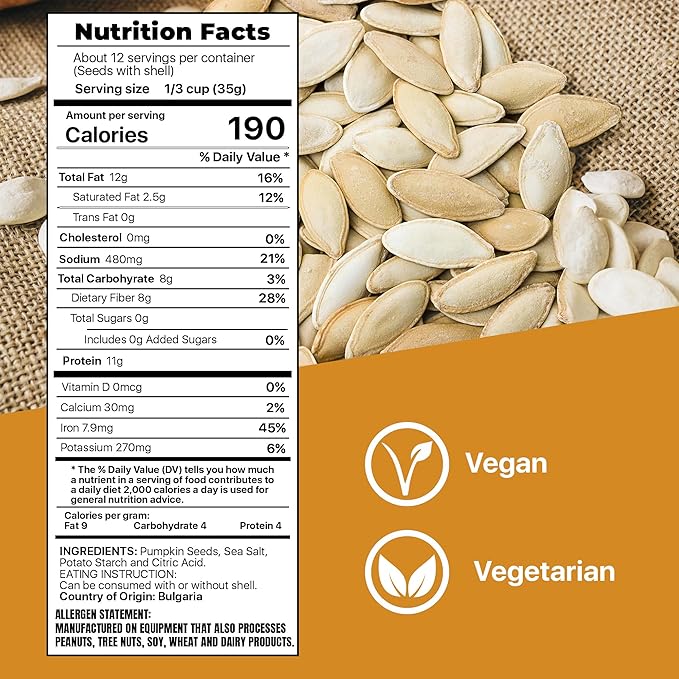 ROASTED PUMPKIN SEEDS to Eat in Shell by Premium Orchards MIXED NUTS - Salted with Sea Salt - Non-GMO Vegan Fresh Healthy Snacks/ - Great source of Plant Protein, Zinc, Magnesium & Iron - 1 Bag