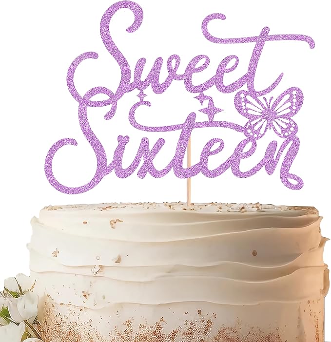 Sweet Sixteen Cake Topper - Purple Glitter Butterfly Theme Sweet 16 Birthday Cake Decorating Supplies for Girls, Sweet 16 Cake Topper for Happy 16th Birthday Anniversary Party Photo Booth Props