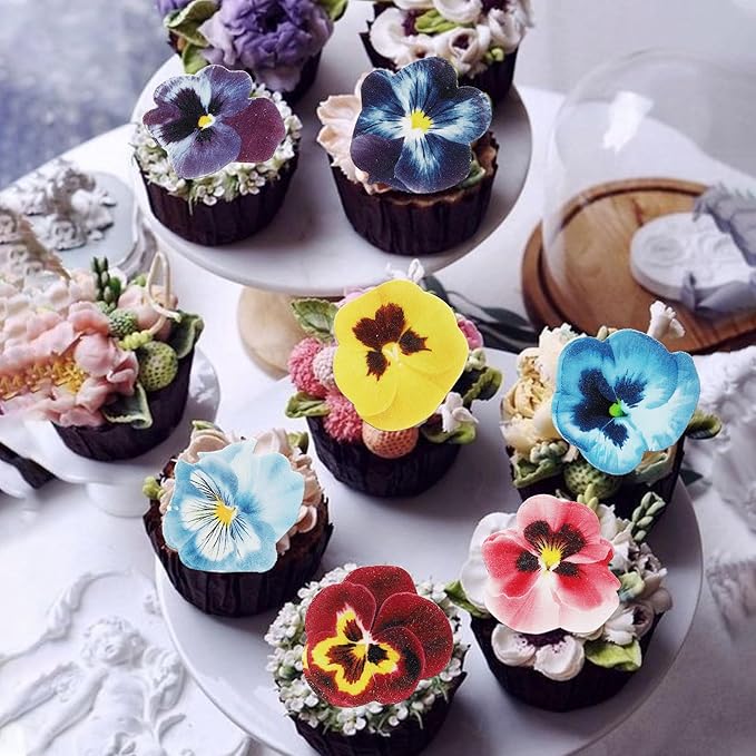 60 Pack Edible Flowers Cake Decorations, Edible Flowers Cupake Topper, Wafer Paper Flowers Cake Toppes for Wedding Birthday Party Food Decorations Supplies