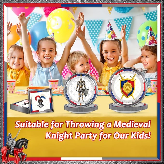 chiazllta 96 Piece Medieval Party Decorations Castle Birthday Paper Plates and Napkins Knights Party Birthday Supplies Favors for Boys and Girls, Medieval Party Decor Serves 24
