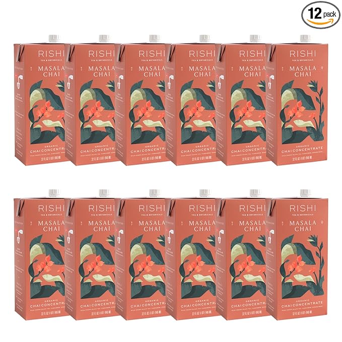 Rishi Tea Masala Chai Latte - Organic Black Tea Concentrate, Easy-to-Serve Hot or Iced Chai Mix - 32 fl oz Carton, 8 Servings (Pack of 12)