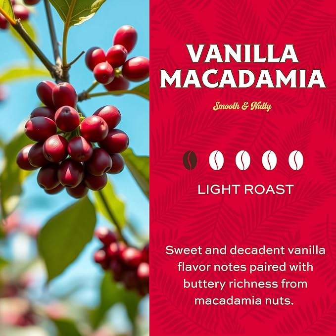 Lion Coffee, Vanilla Macadamia Flavor Light Roast - Ground Coffee, Two 24 Ounce Bags
