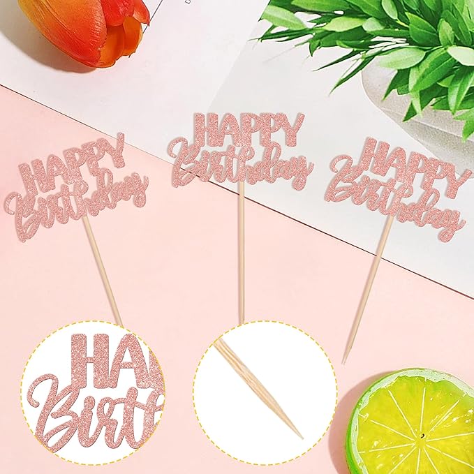 30 PCS Happy Birthday Cupcake Toppers Glitter Happy Birthday Cupcake Picks for Celebrating Birthday Anniversary Theme Party Cake Decorations Supplies Rose Gold