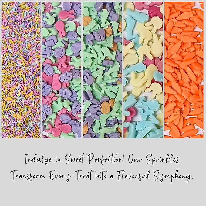 Confect Easter Sprinkles Edible | Assorted pack of 5 Pink, Yellow, Red, Silver and Green Vermicelli and Easter Bunny I Cookies, Desserts & cupcake Decorating | Edible Sprinkles Mix for Baking & Cake