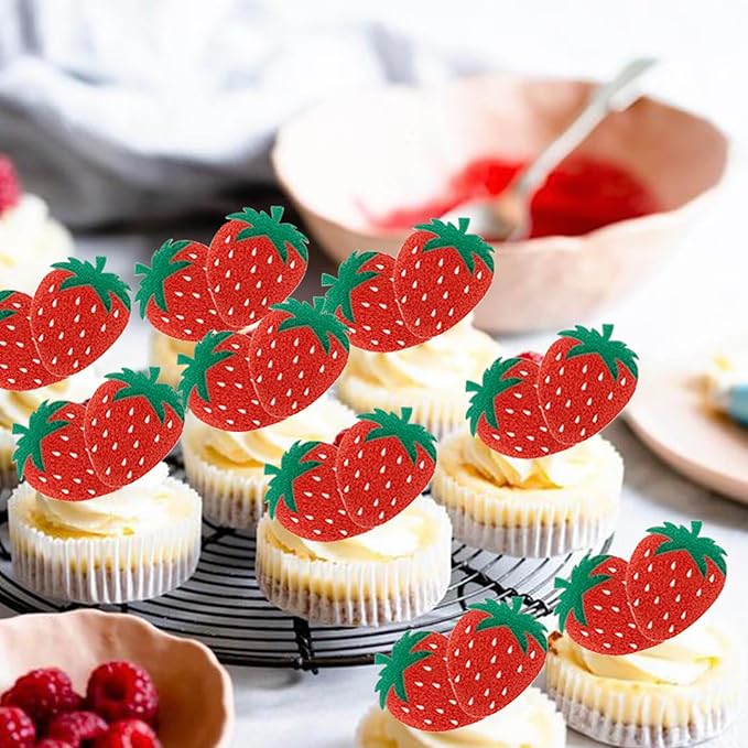 60 Pack Edible Sweet Strawberry Cupcake Toppers Rice Paper Wafer Paper First Birthday Strawberry Cake Picks for Fruit Baby Shower Berry Sweet Kids Birthday Cake Decorations