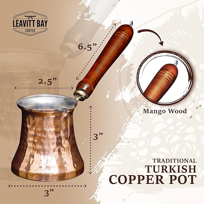 Cezve Turkish Coffee Pot - Hammered Copper Turkish Ibrik - Turkish Coffee Maker - Greek Coffee Maker w/Wooden Handle - Traditional Turkish Gifts or Unique Gifts for Coffee Lovers