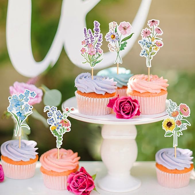 24Pcs Wildflower Cupcake Toppers Wildflower Birthday Party Decorations Picks Girl Birthday Theme Cake Decorations for Baby Shower Party Supplies Anniversary Party Decorations Supplies