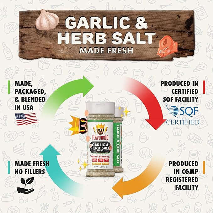Garlic & Herb Salt Finisher, 2 Bottles by Flavor God - Premium All Natural & Healthy Spice & Seasoning Mix Blend for Chicken & Beef - Kosher & Low Sodium - Great Flavor Spices and Seasoning Gift