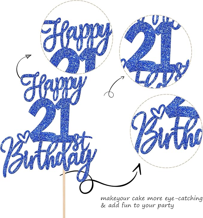 ZHUOWEISM 1 PCS Blue Glitter Cake Topper, Happy 21st Birthday, Cheers to 21 Years, 21 Fabulous, for Birthday Anniversary Party Decorations Supplies