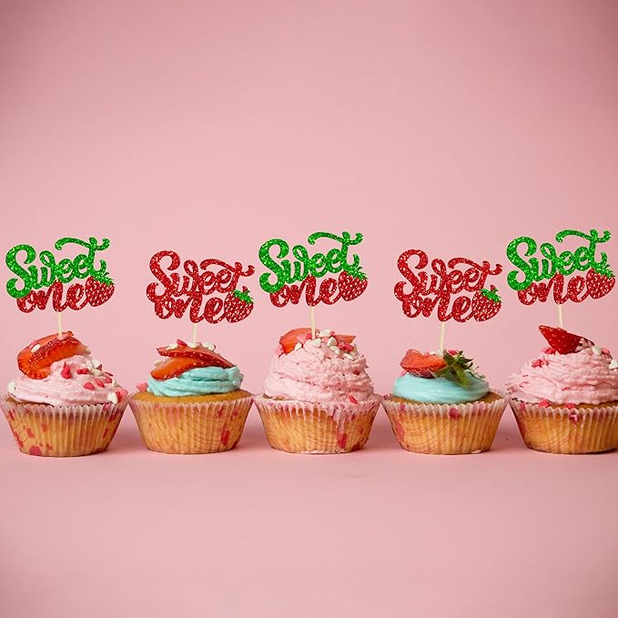24Pcs Sweet One Cupcake Toppers Glitter Strawberry Cupcake Picks for Baby Shower Boys and Girls 1st Birthday Party Fruit Strawberry Theme Party Cake Decorations Supplies