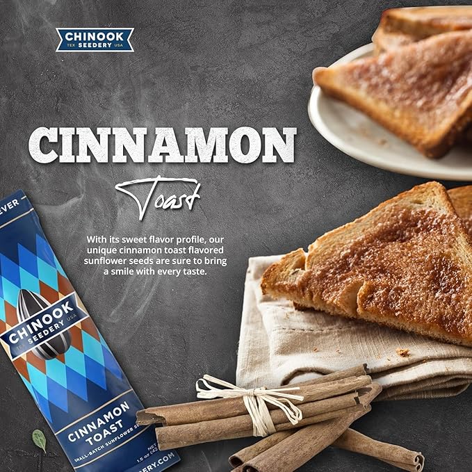 Chinook Seedery Roasted Sunflower Seeds to Eat - 1.5 oz (Pack of 36) Cinnamon Toast - Jumbo Low Sodium Sunflower Seeds Keto Snacks - Adventure, Baseball, School Snacks - Gluten Free, Non GMO Snacks