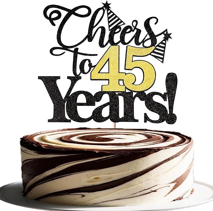 Rsstarxi 1 Pack Cheers to 45 Years Cake Topper Glitter Forty Five Years Old 45th Birthday Cake Pick 45 Fabulous Cake Decorations for Happy 45th Birthday Wedding Anniversary Party Supplies Black