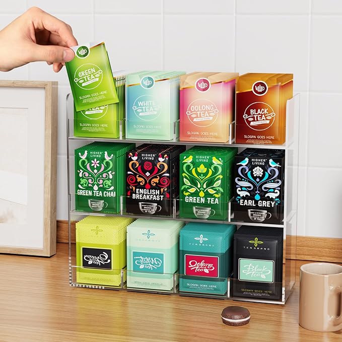 Acrylic Tea Bag Organizer, 3 Layers Tea Bag Holder for Tea Packets, No Assembly Required, Wall Mount Display Tea Caddy for Countertop or Cabinet, 12 Slots