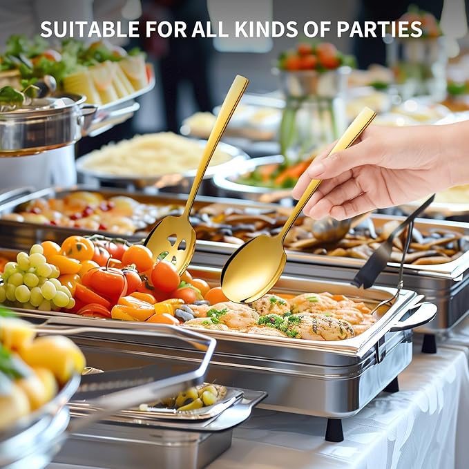 4 Piece Stainless Steel Serving Spoons Set - 2 Large, 2 Slotted, 9.2-Inch, Dishwasher Safe, for Parties/Kitchen/Buffet/Catering,Gold