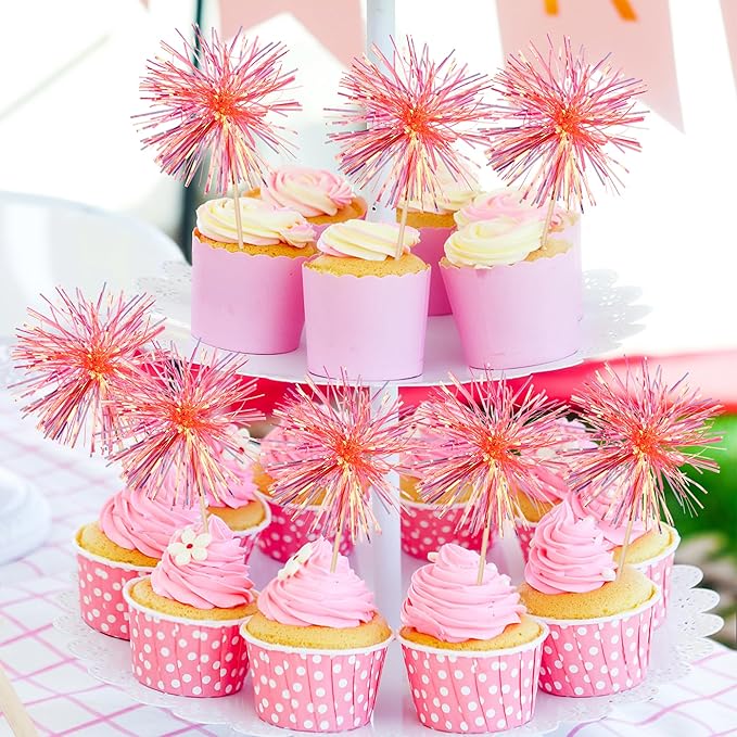 Rsstarxi 30 Pack Firework Cupcake Toppers Sparkle Tinsel Drink Birthday Decorations Cocktail Food Fruit Toothpick for Valentine's Day Wedding Birthday Party Cake Decorations Orange