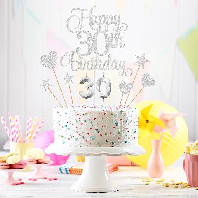 30th Birthday Cake Toppers, 30th Birthday Candles Numeral Candles and Glitter Cake Decorations Toppers Set for Party Supplies (Silver)