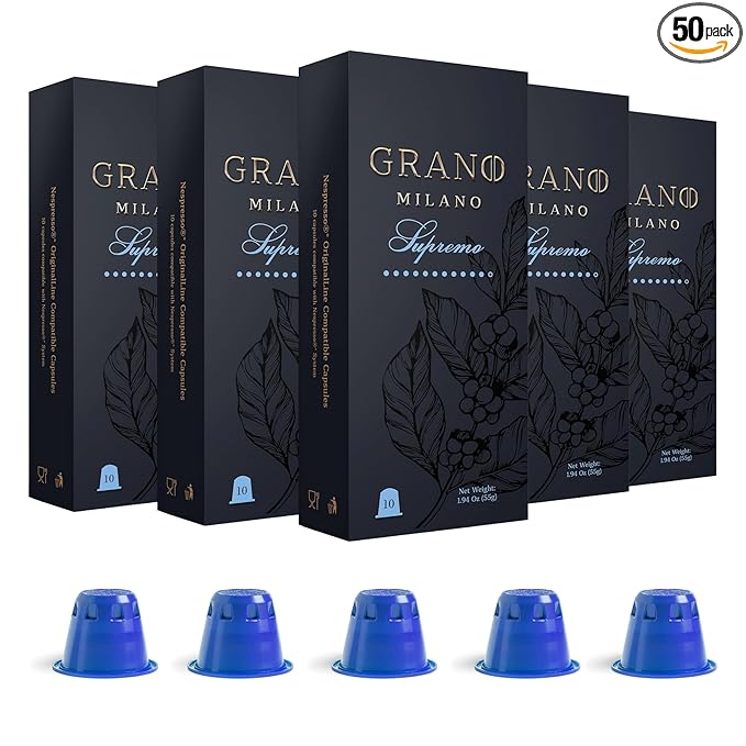 Grano Milano Supremo - 50 Espresso Pods Compatible with Nespresso Original line, Dark Roast - Intensity 11/12, Coffee Capsules Made in Italy Espresso Coffee