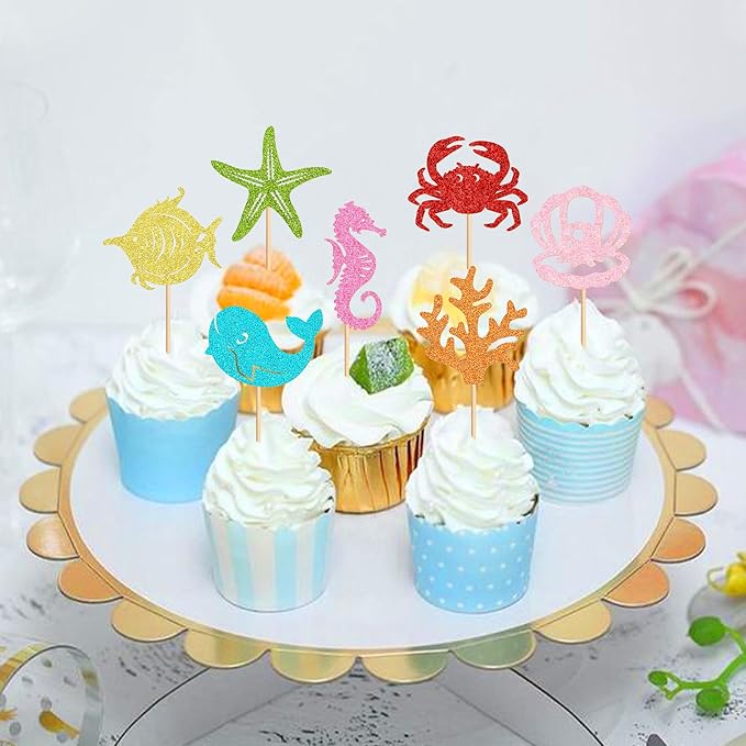 24 Pcs Ocean Cupcake Toppers - Ocean Theme Party Decorations Sea Animals Dolphin Whale Turtle Octopu Weaweed Party Cake Picks for Kids Under the Sea Baby Shower Birthday Party Supplies ??"<div>