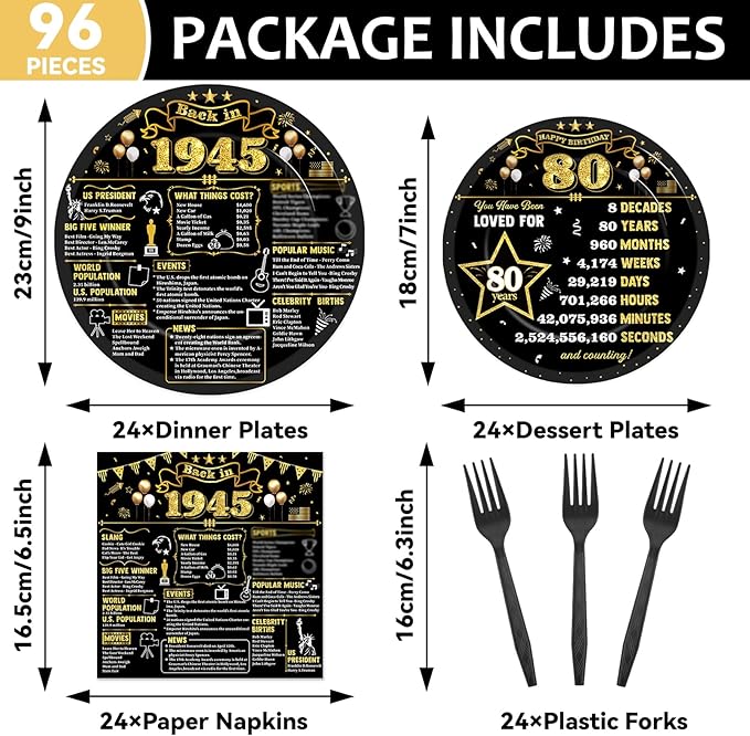 96Pcs 80th Birthday Plates and Napkins Back in 1945 Party Decorations Black Gold 80 Year Old Cake Dessert Plates 1945 Tableware for 24 Guests 80th Theme Men Woman Birthday Party Supplies