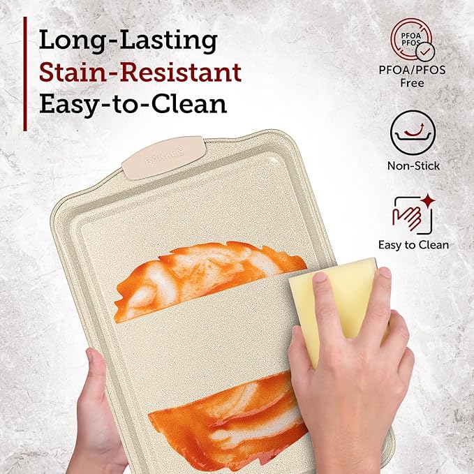BAKKEN Cookie Sheets for Baking Nonstick Set - 3-Piece Stackable Carbon Steel Baking Sheet Pans Set with Silicone Handles, Non Toxic Cookie Sheets for Baking Bakeware Set - White Marble