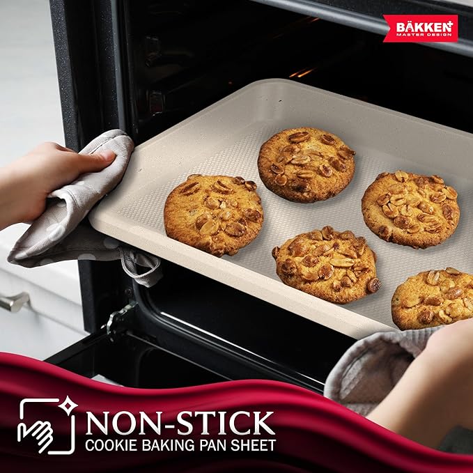 BAKKEN Kitchen Baking Pans - Nonstick White Coating, 13.58’’ × 9.65’’ Commercial Grade Carbon Steel Cookie Sheet, Diamond Texture Bottom, PFOA, PFOS, PTFE Free, Oven Safe Tray (450°F), White Marble