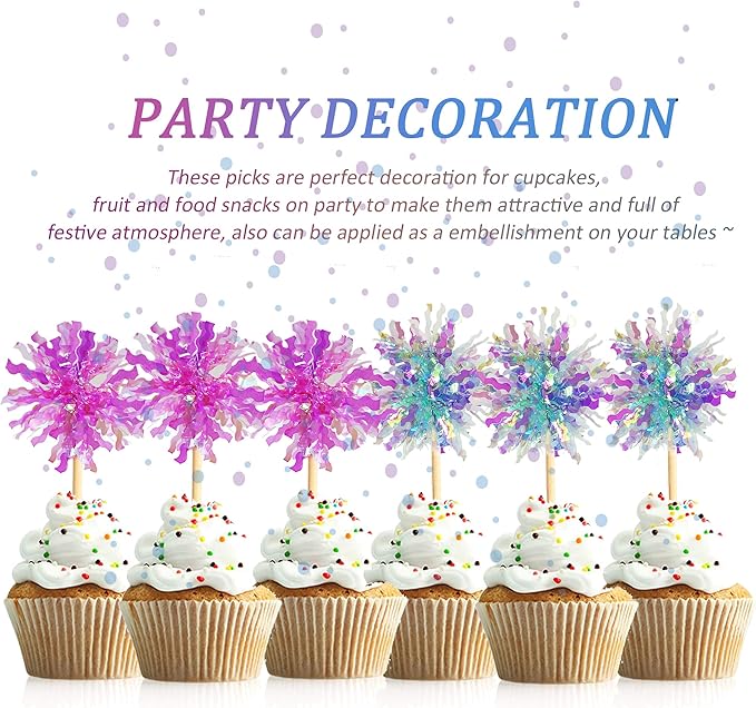 30PCS Cupcake Toppers, Takemay Sparkle Blue and Purple Foil Firework Cake Toppers for Christmas Party Birthday Wedding Ceremony