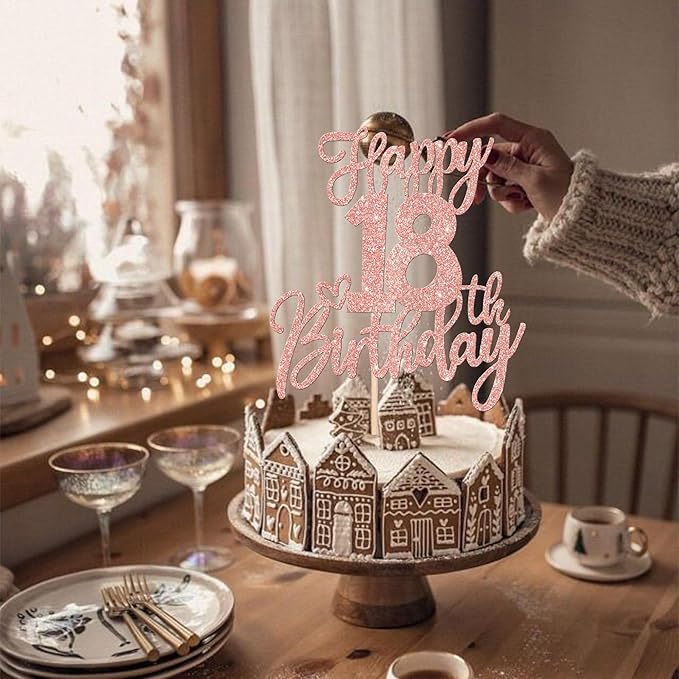 1 PCS Happy 18th Birthday Cake Topper Glitter Cheers to 18 Years Birthday Cake Pick Eighteen Hello 18 Fabulous Cake Decorations for Happy 18th Birthday Anniversary Party Supplies Rose Gold