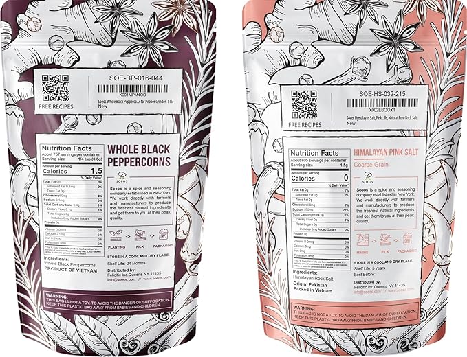 Soeos Whole Black Peppercorns 12oz + Himalayan Pink Salt 2lb, Salt and Pepper for Grinders, Black Peppercorn Refil, Pink Himalayan Sea Salt, 2 Piece Set