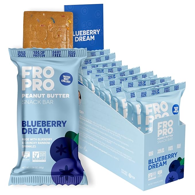 FROPRO Plant Protein Snack Bars - Plant Based Protein Bars, All-Natural, Gluten, Dairy, & Soy Free, High Protein Bars with Low Calories | Blueberry Dream, 12 Pack