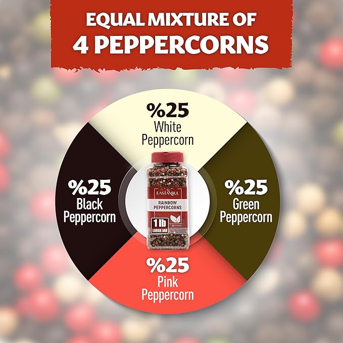 Eastanbul Rainbow Peppercorns for Grinder Refill, 1lb, Peppercorns Whole Rainbow White, Green, Pink, Black Pepper for Grinder Refills, Medley, Mixed, Assorted Pepper, Natural, Vegan, Non-GMO