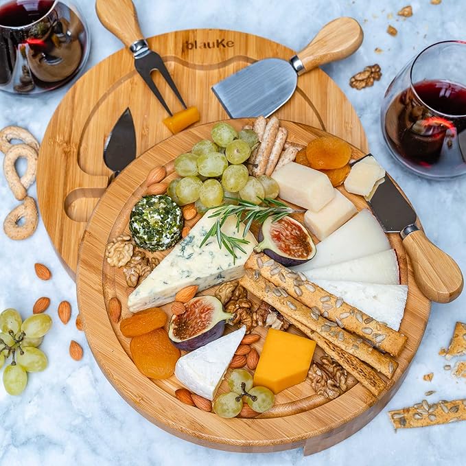 BlauKe Bamboo Cheese Board and Knife Set - 10 inch Round Charcuterie Board, Serving Tray, Platter, Wood Cheese Set - Gift Idea
