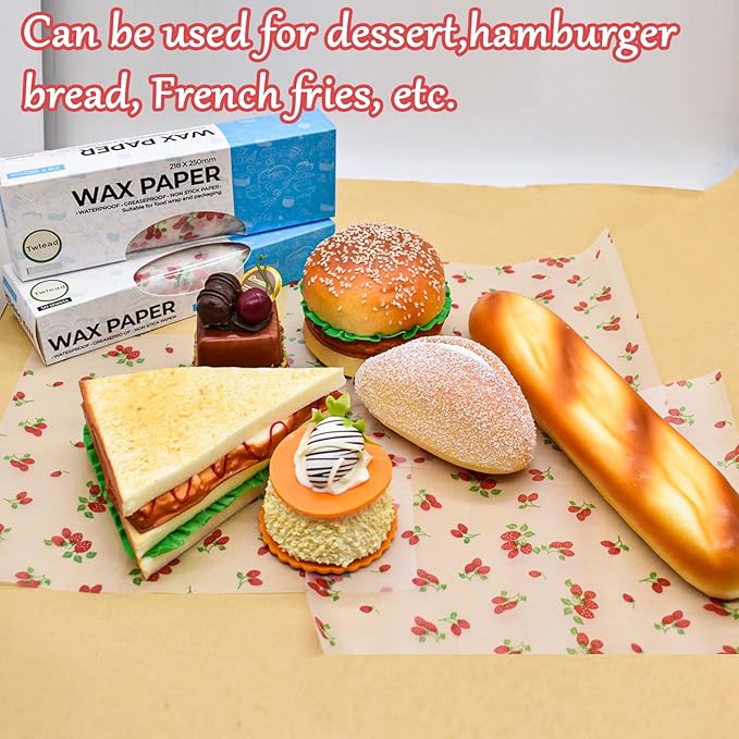 Wax Paper Sheets Disposable Food Wrapping Greaseproof Paper Food Candy Sandwich packing Liners Red Strawberry Pattern (100Sheets)