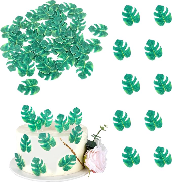 Rsstarxi 48 Pack Edible Tropical Turtle Leaves Cupcake Toppers Palm Leaf Cupcake Picks Edible Wafer Paper Leaf Cake Decorations for Jungle Summer Theme Baby Shower Wedding Birthday Party Supplies