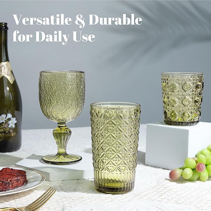 Joeyan Green Vintage Drinking Glasses,Embossed Water Glass Cups,Colored Highball Glass Tumblers,Decorative Elegant Glassware Cups for Beverages Juice Cocktail Beer,14 oz,Set of 4,Dishwasher Safe