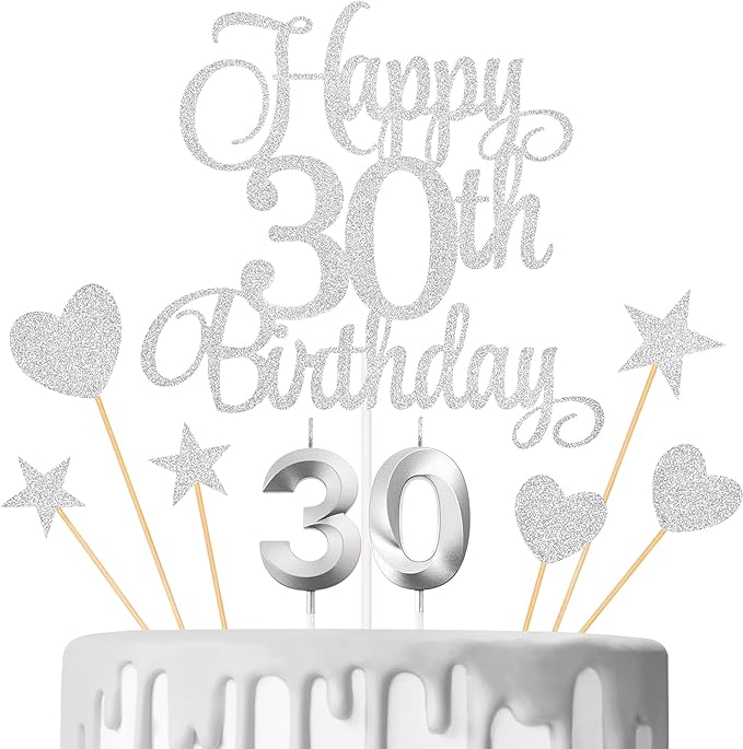 30th Birthday Cake Toppers, 30th Birthday Candles Numeral Candles and Glitter Cake Decorations Toppers Set for Party Supplies (Silver)