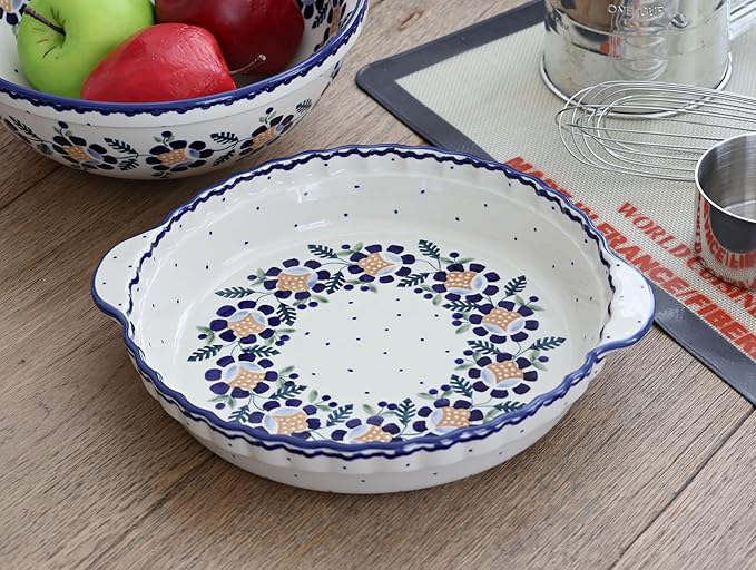 Blue Rose Polish Pottery - Blue Sunflower Pie Plate with Handles - 9.75" Diameter - Ceramic Baking Dish, For Pies, Quiches & Desserts