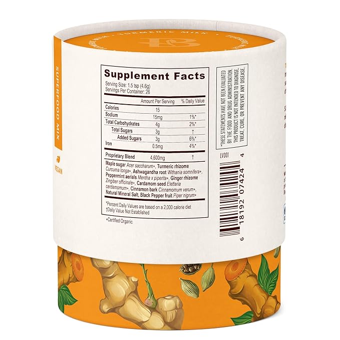 Banyan Botanicals Turmeric Milk ??Organic Turmeric Latte Mix with Ashwagandha & Cardamom ??Instant Caffeine Free Golden Milk with Maple Sugar ??4.3 oz, 26 servings ?“Non GMO Sustainably Sourced Vegan