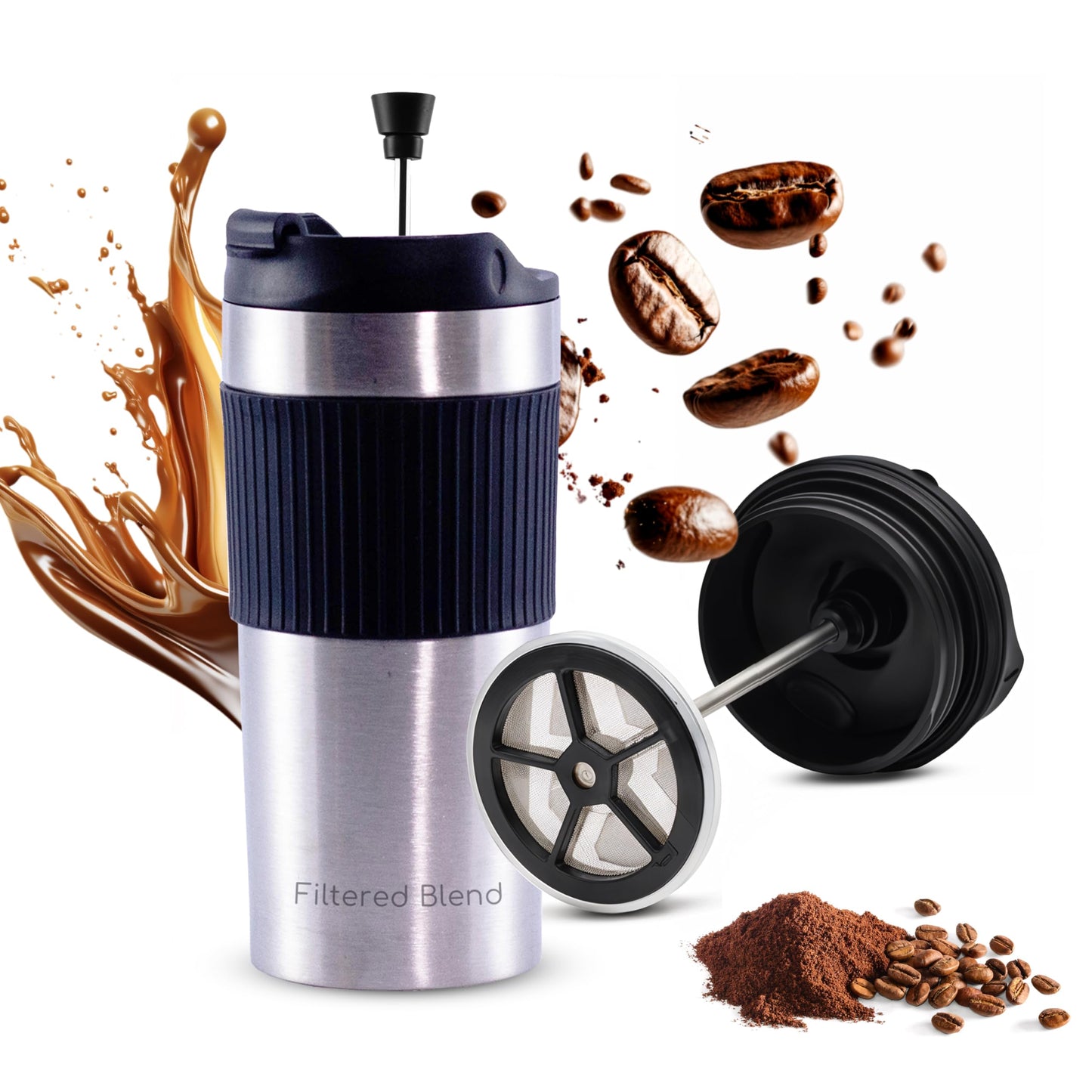 15oz Stainless Steel Travel French Press, Insulated Coffee Tea Mug, Silver