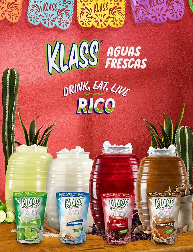 Klass Aguas Frescas | Drink Mix Mexican Variety Pack | Horchata Limeade Hibiscus & Tamarind Drinks | Flavors From Natural Sources, No Artificial Flavors, With Vitamin C (Makes 7 to 9 Quarts) 14.1 Oz Family Pack (4-Pack)